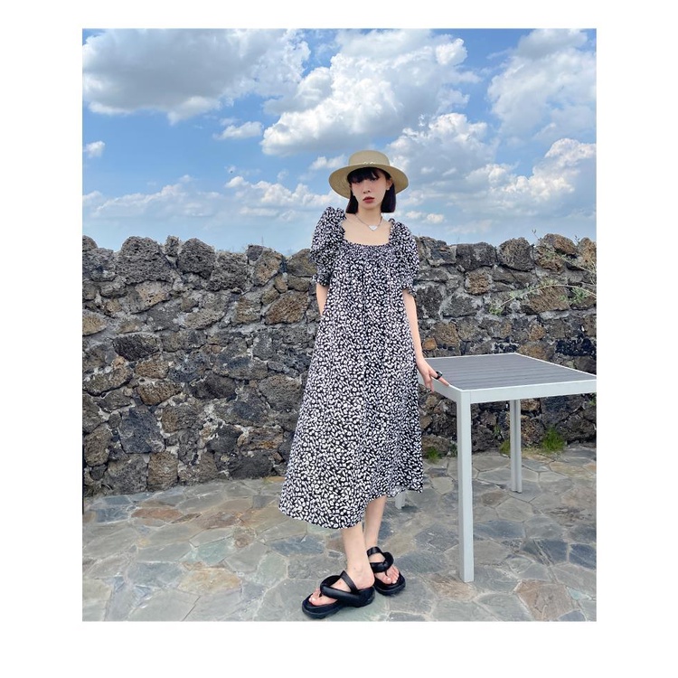 Đầm dài tay phồng họa tiết hoa phong cách retro thanh lịch