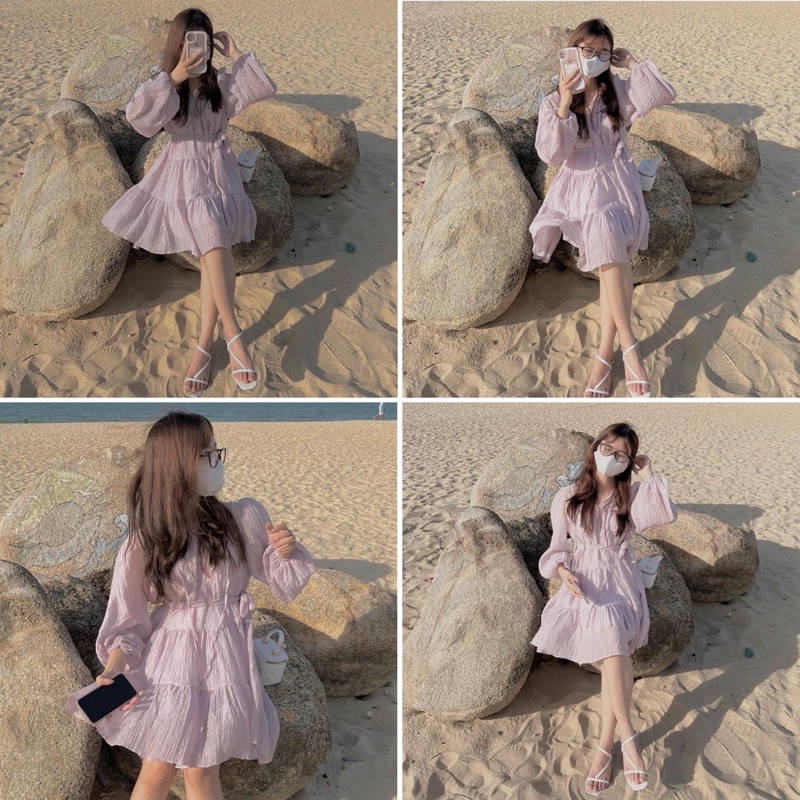 Váy tơ babydoll kèm dây đai tay bo thắt nơ cổ chuzme