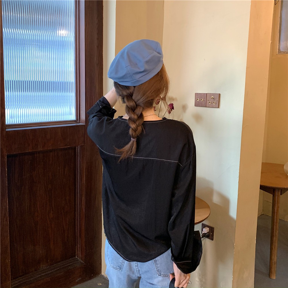 Áo sơ mi tay dài dáng rộng cổ chữ V thời trang phong cách Hàn Quốc cho nữ