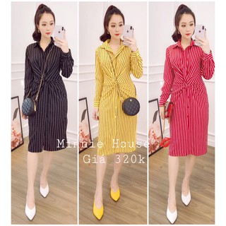 Đầm suông sơ mi cổ tim kẻ sọc (hottrend)