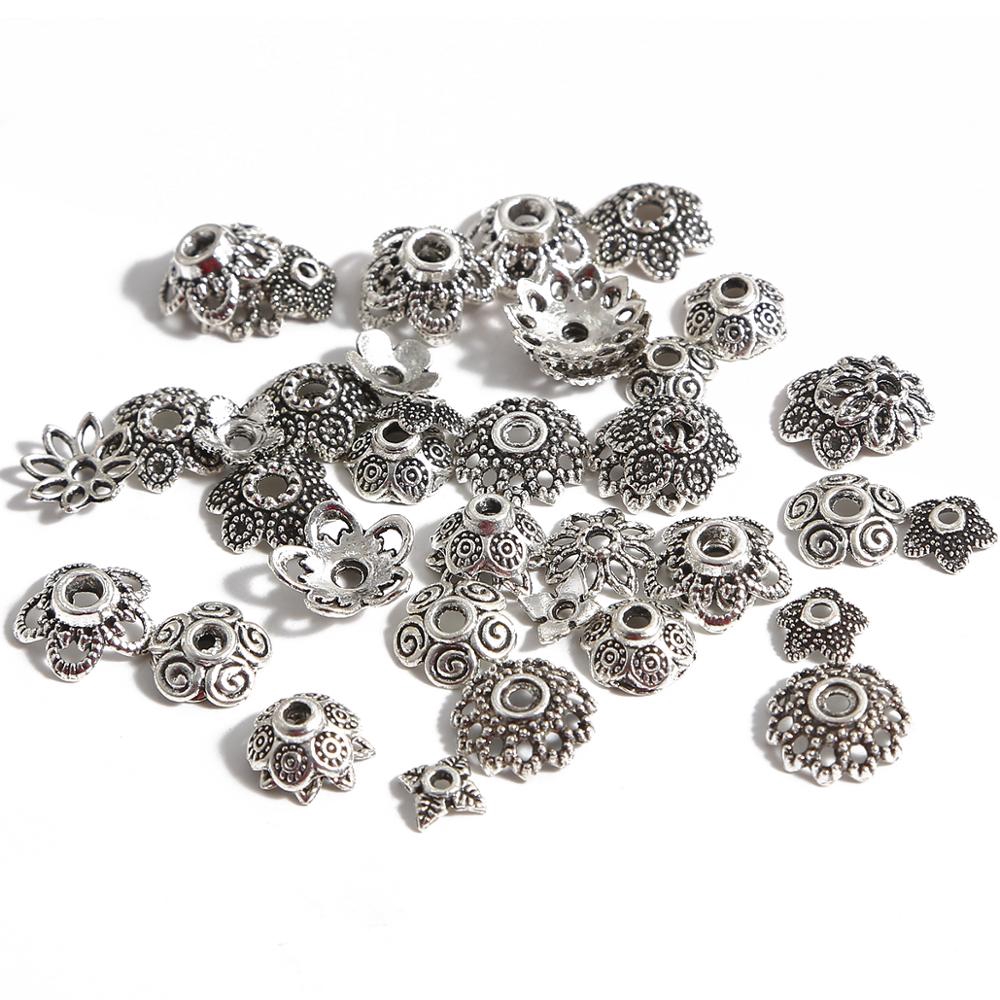 Set 50 phụ kiện hình mũ hoa màu bạc phong cách cổ điển Tây Tạng dùng làm đồ trang sức/ may vá thủ công