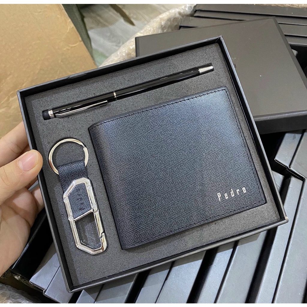 set ví nam kèm bút + móc khóa full box, túi giấy hãng