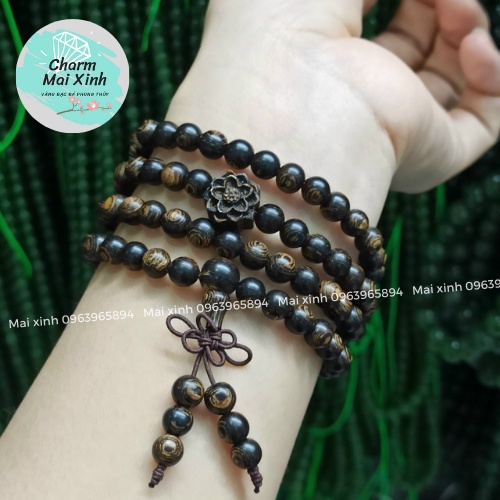 Chuỗi Trầm Hương Sánh chìm 108 hạt phối charm Hoa Sen Sánh - Vòng Tay Gỗ tự nhiên Nữ phong thuỷ - Hàng cao cấp loại 1