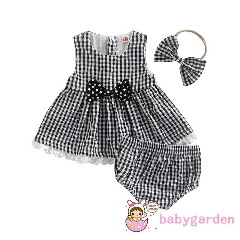 Set Đồ 3 Món Gồm Áo Sát Nách Cổ Tròn Kẻ Sọc Ca Rô + Quần Short Lưng Thun + Băng Đô Dành Cho Bé Gái 0-24 Tháng Tuổi