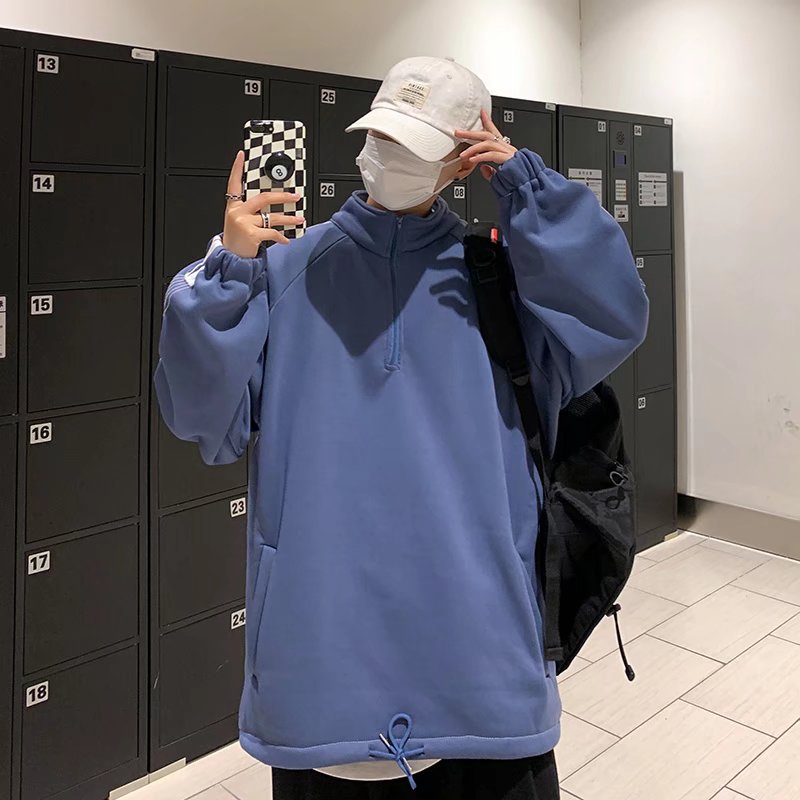 Áo khoác sweater cổ đứng tay dài dáng rộng có khóa kéo một nửa thời trang thu đông dành cho nam