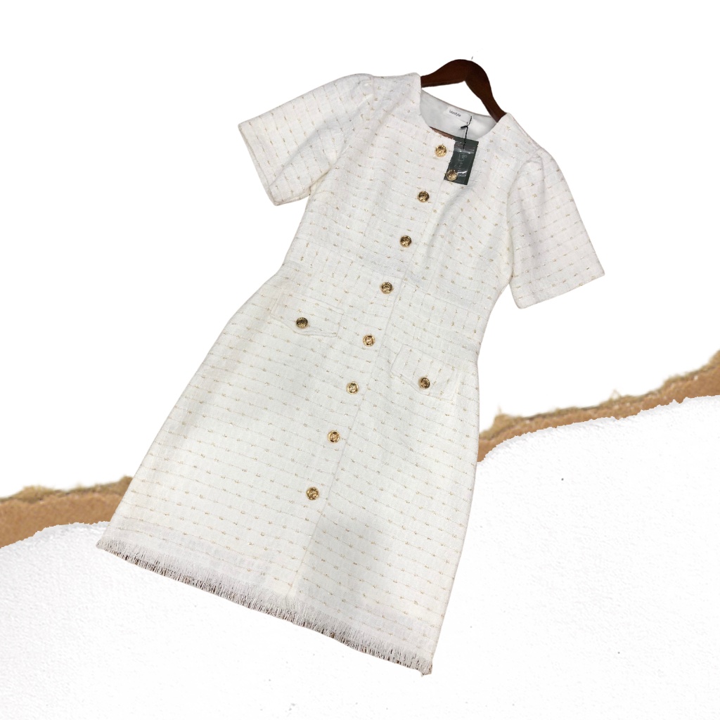 Đầm dạ tweed trắng cộc tay Lalastyle
