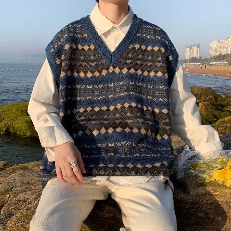 Áo sweater dệt kim không tay dáng rộng cổ chữ V in họa tiết thời trang thu đông hàn quốc cho nam