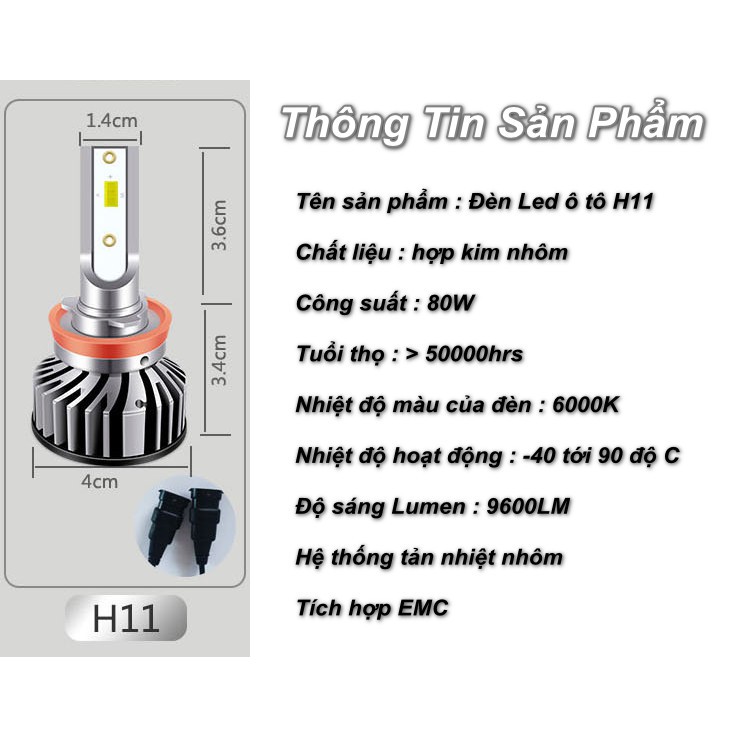 Đèn Led ô tô H11 80w 6000k 9600LM trên 50.000 giờ (1 cặp 2 bóng) - Home and Garden