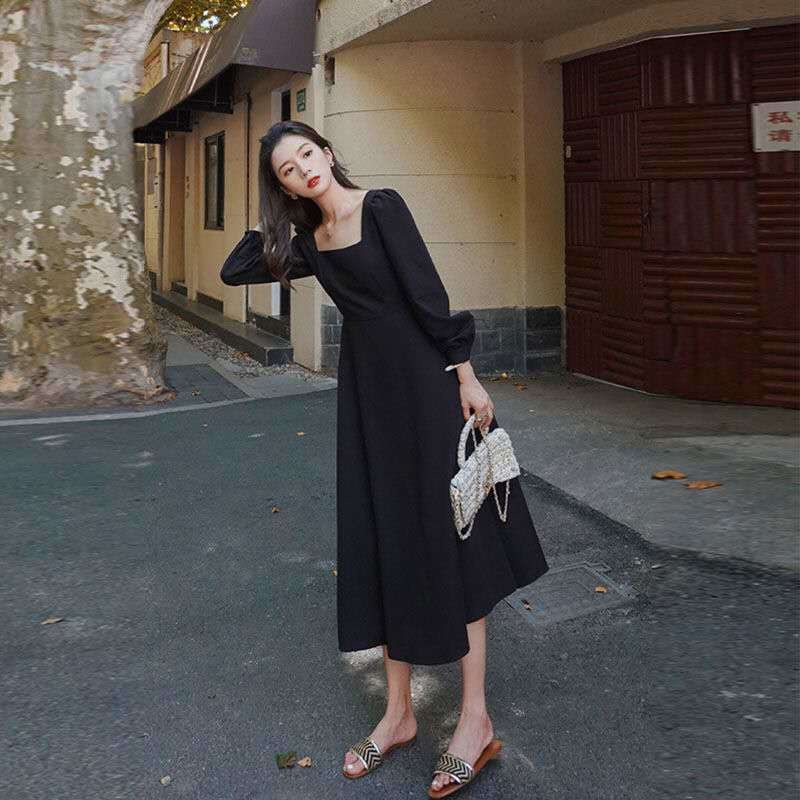 Đầm Midi Tay Dài Cổ Vuông Màu Đen Thời Trang Cho Nữ