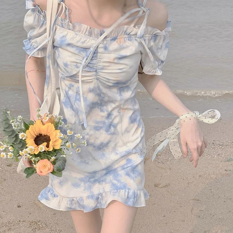 Đầm thời trang tay ngắn hở vai quyến rũ trẻ trung phong cách Hàn Quốc