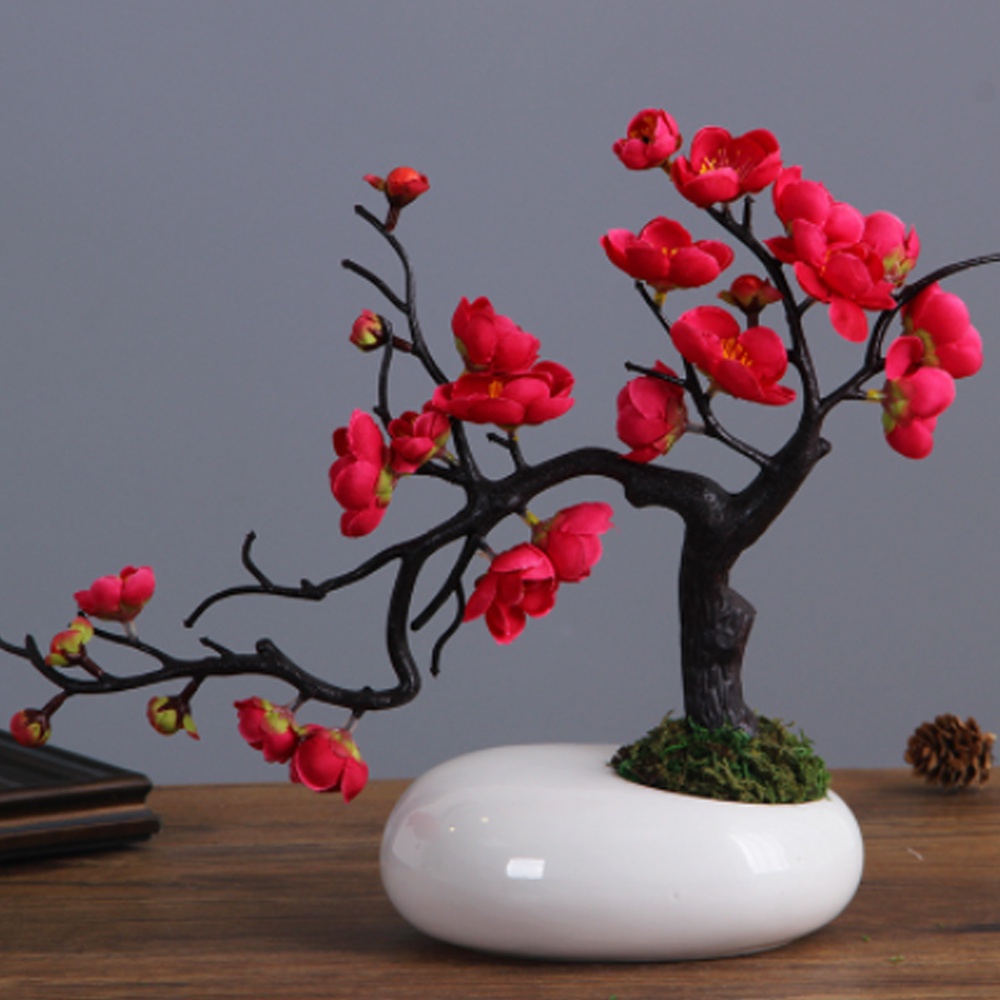 Nhành đào bonsai hoa vải trang trí