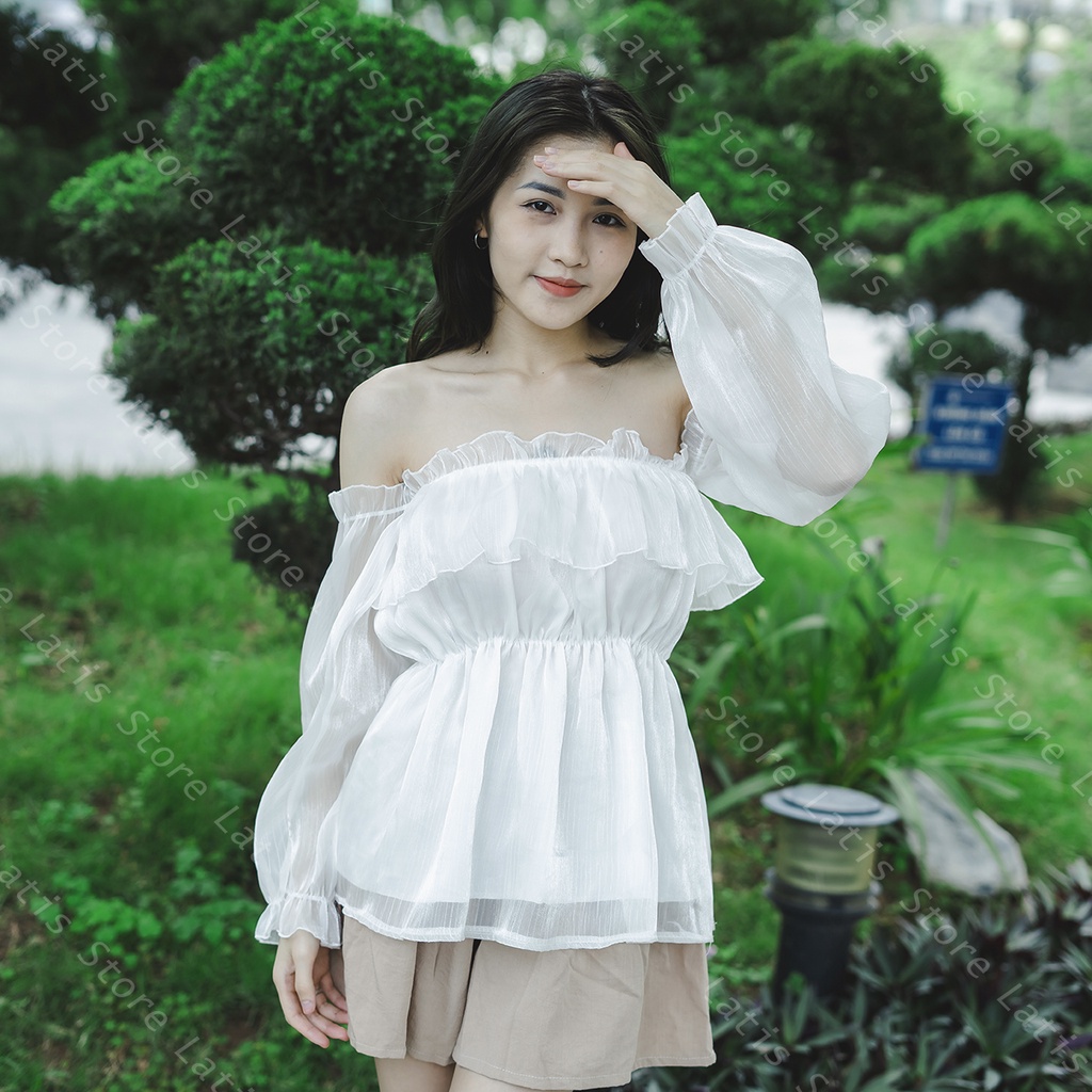 Áo Trễ Vai Tay Dài Tiểu Thư, Áo Bẹt Vai Tay Phồng Tơ Óng Hàng Quảng Châu Cao Cấp Phong Cách Ulzzang - Latis Store
