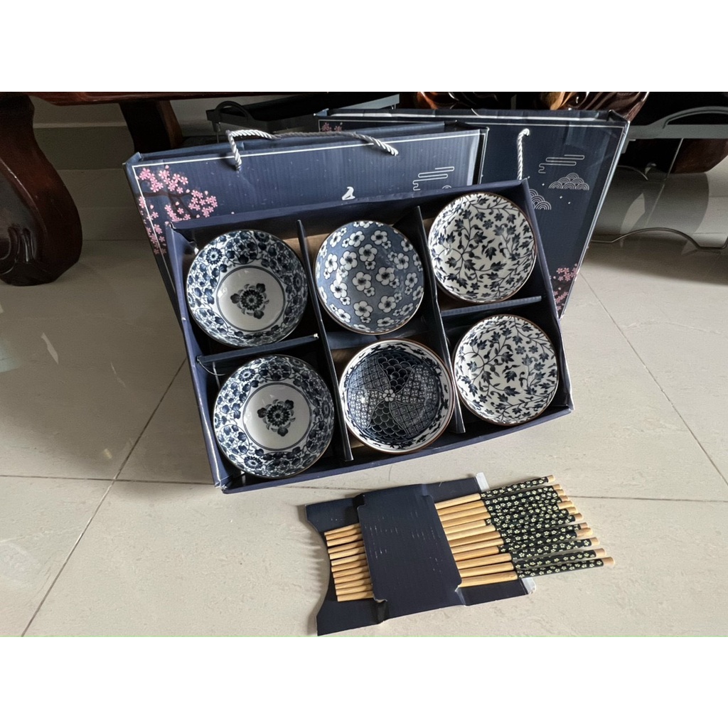 BỘ 6 CHÉN  CƠM PHONG CÁCH NHẬT BẢN - HOA VĂN SẮC XƯA GIẢ CỔ - YENJHOUSE