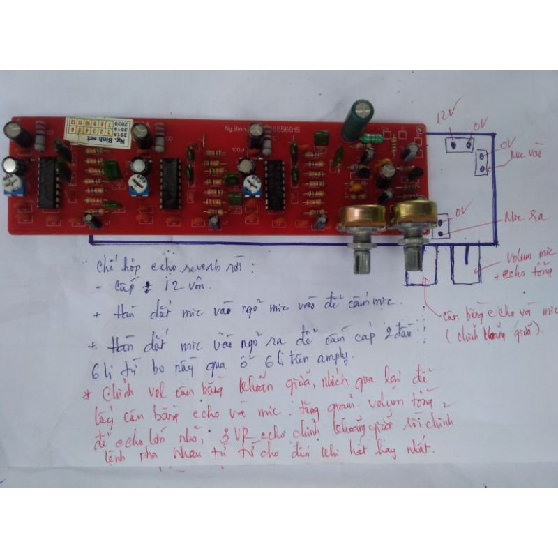 Echo reverb cho loa kéo, nguồn đơn 12v.