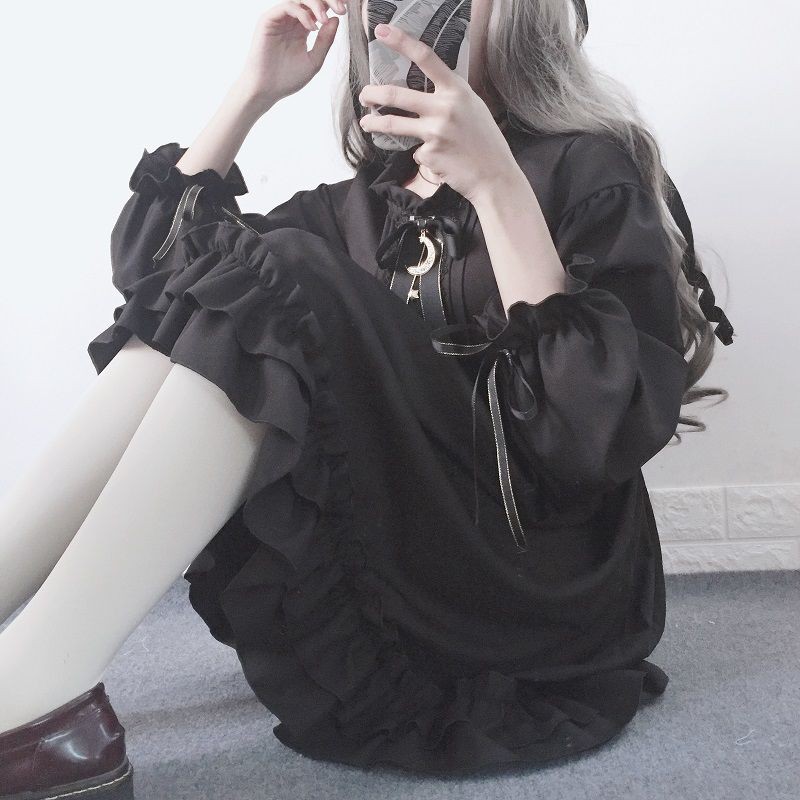 Đầm baby doll lolita tay dài màu đen thắt nơ ulzzang