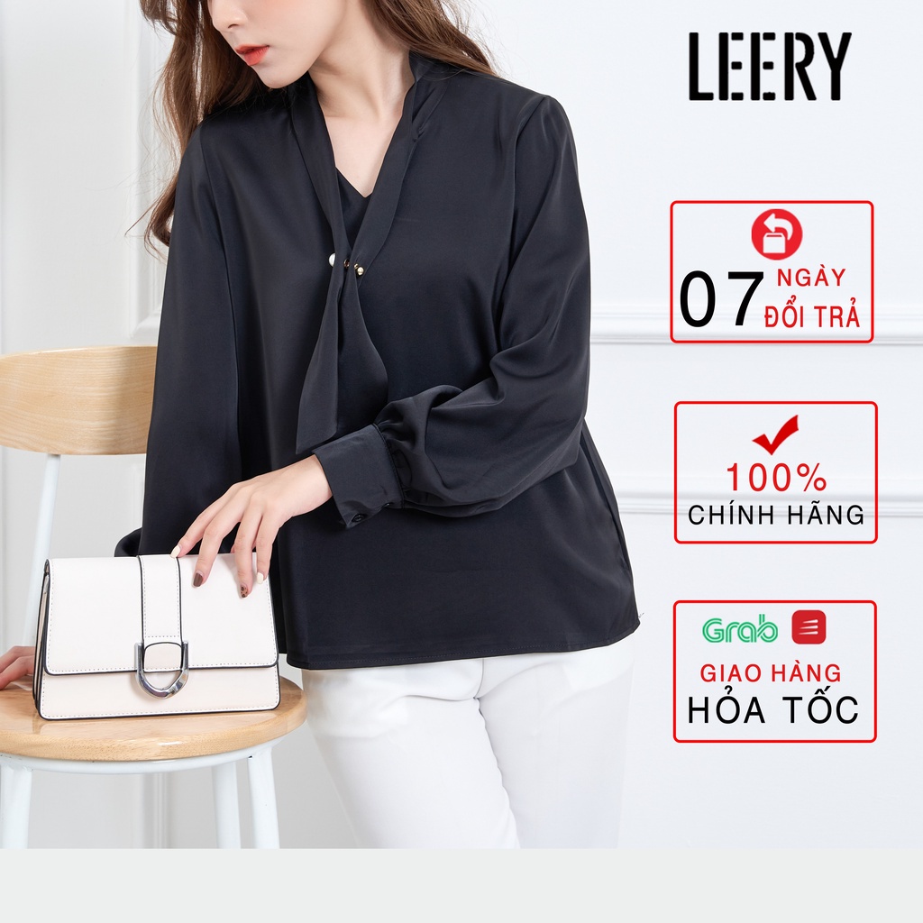 Áo sơ mi lụa nữ LEERY kiểu Hàn Quốc dài tay mặc đi làm công sở form rộng nơ cổ cao cấp màu Trắng Đen LEERY SM-04 - Hàng