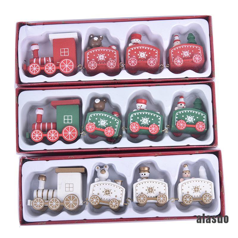 Mô hình tàu lửa bằng gỗ 4 khoang họa tiết giáng sinh trang trí nhà cửa