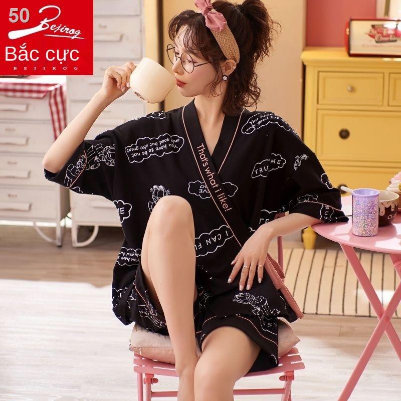 Áo kimono Nhật Bản Phụ nữ có thể mặc đồ mùa xuân và thu tại nhà với bộ ngắn tay dễ thương Bông tinh khiết hè mới