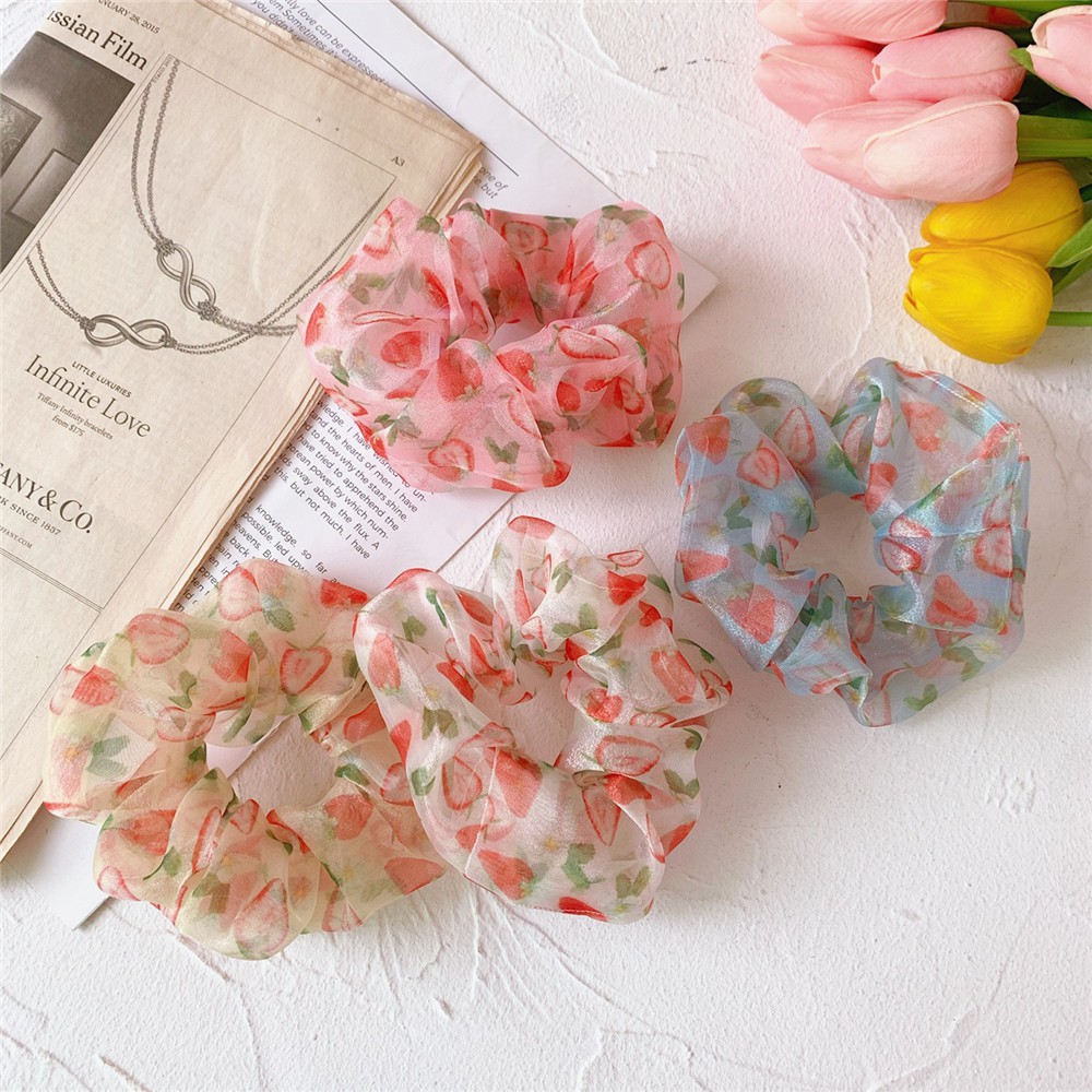 Scrunchies Cột Tóc Voan Kính Họa Tiết Trái Dâu Cute