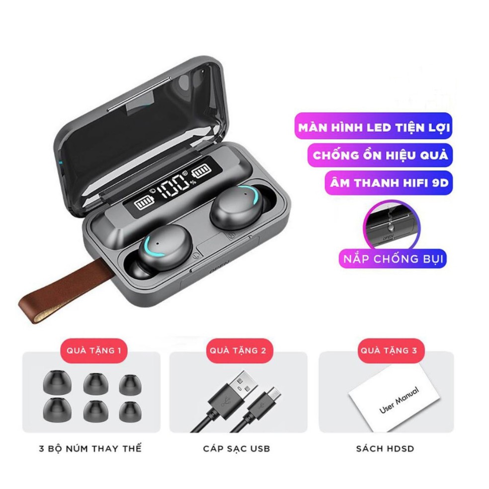 Tai Nghe Bluetooth Mini Không Dây F9 V5.0 Nhét Tai Chống Nước Chống Ồn Bass Trầm [BH 1 Đổi 1]