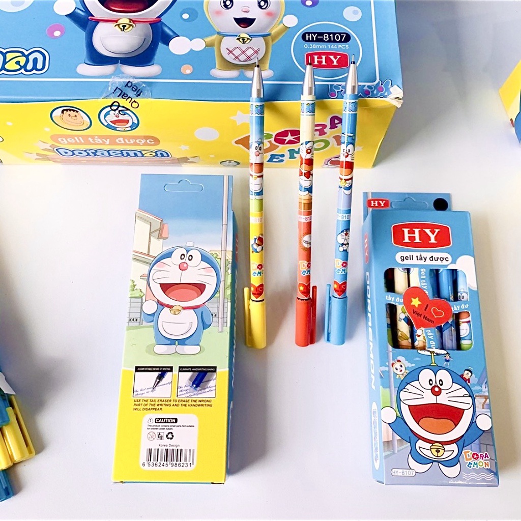 Hộp 12 cây bút Gel hình Doaremon tẩy xoá được thần kì có 3 màu xanh,tím,đen