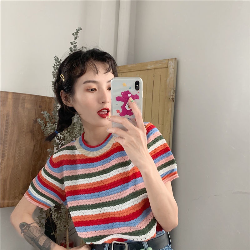 Áo Thun Tay Ngắn Cổ Tròn Hoạ Tiết Kẻ Sọc Màu Sắc Cầu Vồng Trẻ Trung Năng Động