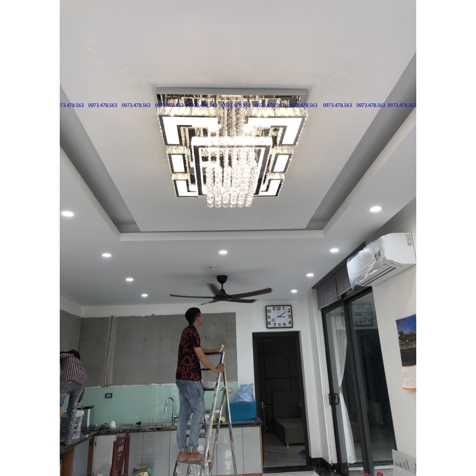 Đèn trần, Đèn mâm ốp trần pha lê hình chữ nhật KT: 80*60cm trang trí phòng khách phòng ngủ đèn 3 màu ánh sáng