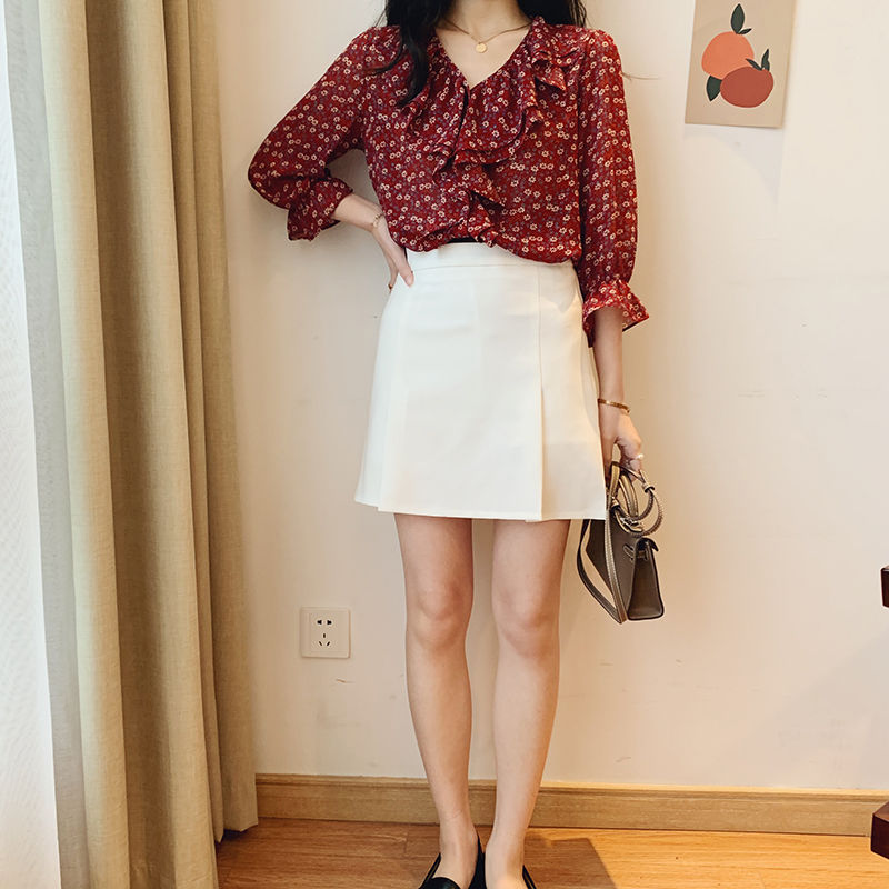 Áo Sơ Mi Voan Hoa Cổ Tim Dài Tay Dáng Rộng Thời Trang Retro Hàn Quốc Dành Cho Nữ