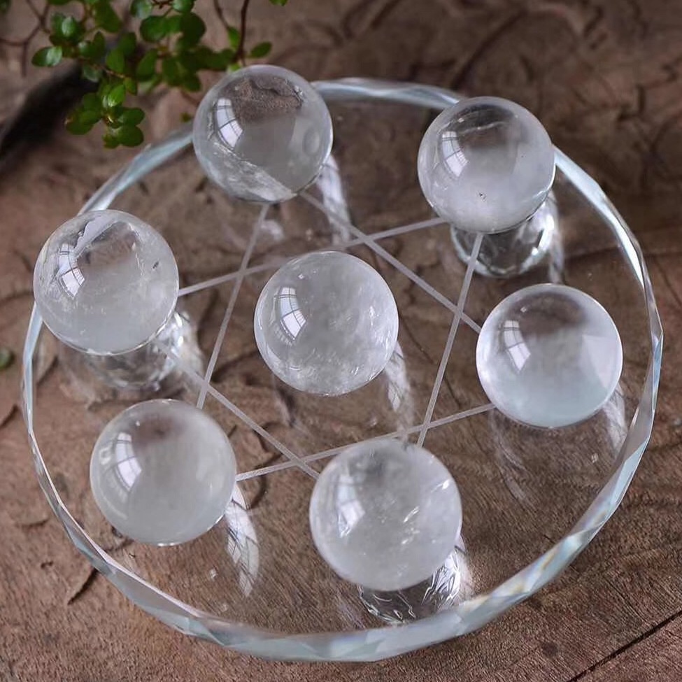 Bộ Đĩa Cầu Thất Tinh Trận Đá Tự Nhiên Trắng Trong -12cm