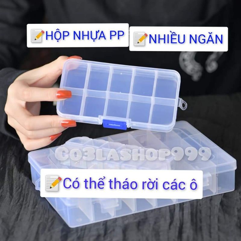 Hộp nhựa PP trong suốt nhiều ngăn, đựng phụ kiện tóc, đá nail, có thể tháo rời các ô