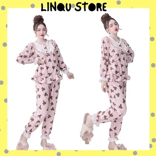 Đồ Ngủ Nữ, Đồ Ngủ Nữ Dài Tay Hoạt Hình Dễ Thương Mặc Mùa Đông Ấm Áp Freesize - Linqu Sleepwear
