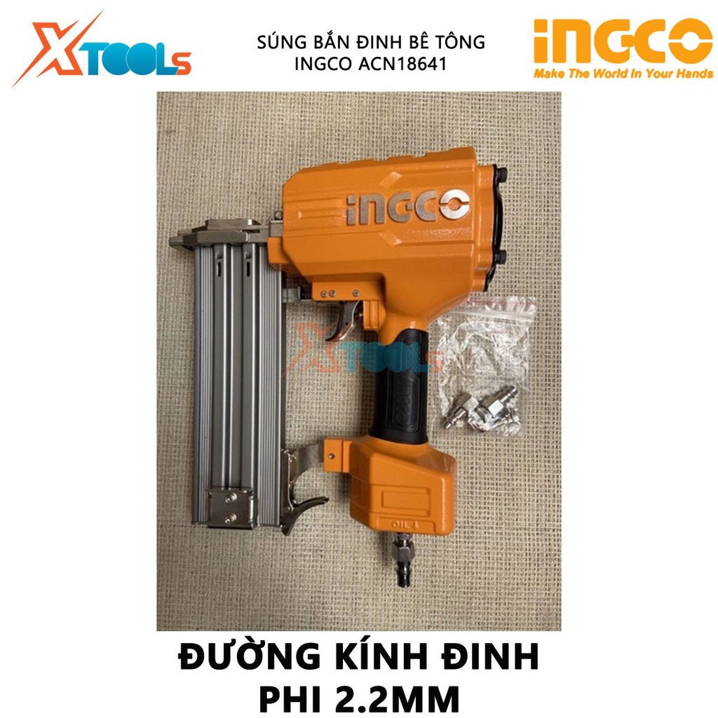 Máy bắn đinh bê tông ST64 dùng khí nén INGCO ACN18641 | dụng cụ bắn đinh dùng hơi khả năng chứa đinh 70 pcs chiều dài đi