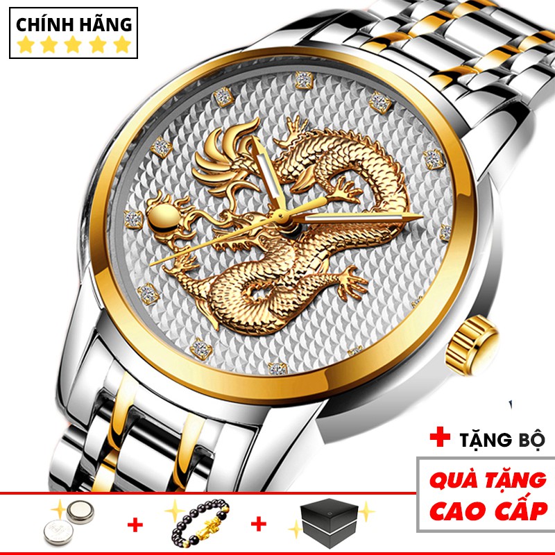 Đồng hồ nam rồng vàng chạm khắc 3D chính hãng kèm bộ quà tặng cao cấp DRAGON - Đồng Hồ Quốc Tế