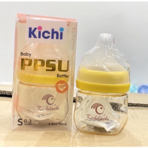 Bình sữa sơ sinh cổ rộng PPSU Kichilachi Kichi 90ml cảm ứng nhiệt có núm ty siêu mềm cho bé (Tặng thêm 1 núm ty)