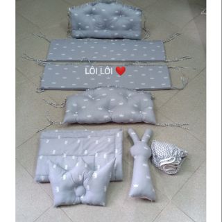 Combo quây cũi, ga chun, chăn, gối và thỏ ôm cho bé