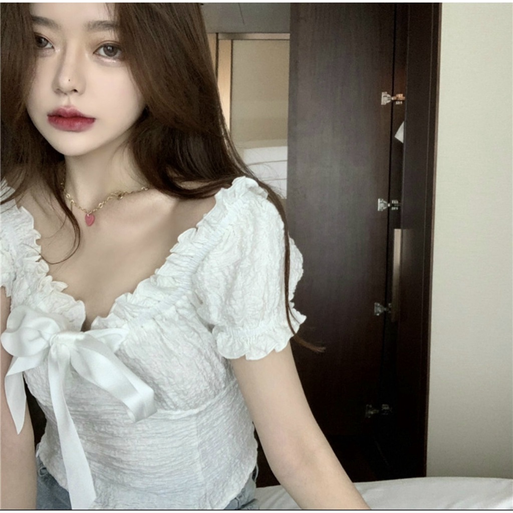 Áo trễ vai vải nhún thắt nơ điệu đà, áo hở vai bo chun tay áo, áo bánh bèo nữ trễ vai
