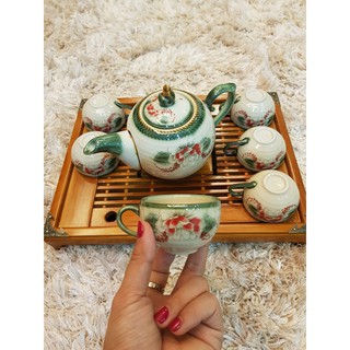 COMBO Bộ Ấm Chén MEN VẼ + KHAY GỖ BỌC ĐỒNG