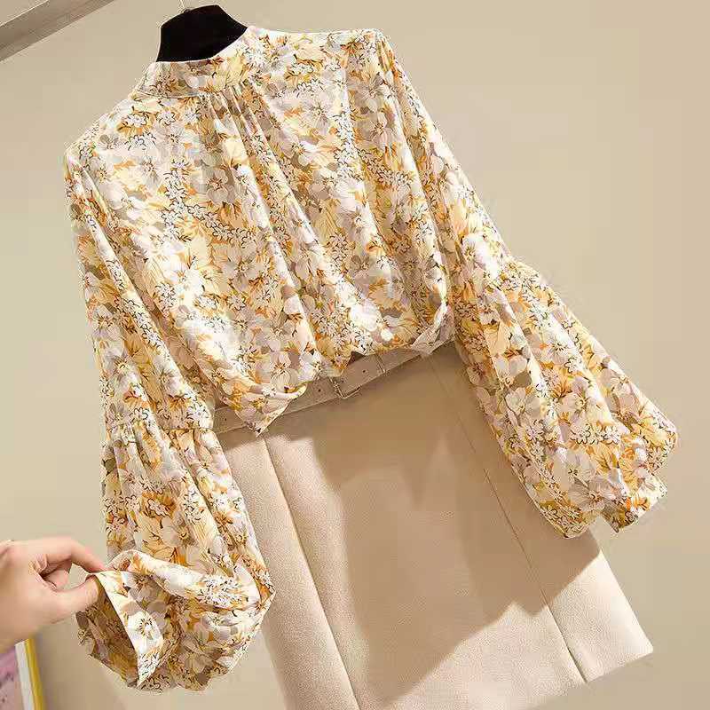 Áo Sơ Mi chiffon Tay Phồng Cổ Đứng Dáng Rộng In Họa Tiết Hoa Phong Cách Hàn Quốc Thời Trang Xuân Thu Cho Nữ