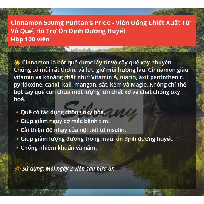 Cinnamon 500mg Puritan’s Pride – Chiết Xuất Từ Vỏ Quế, Hỗ Trợ Ổn Định Đường Huyết