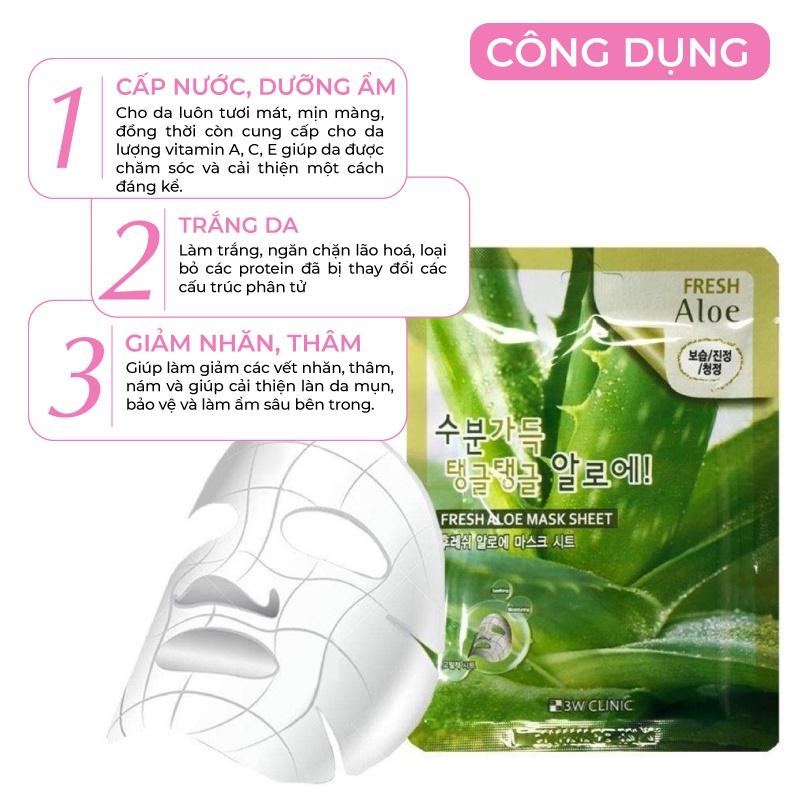 Combo 5 Túi Mặt nạ giấy dưỡng ẩm dưỡng trắng da chiết xuất từ Lô Hội 3W CLINIC Hàn Quốc