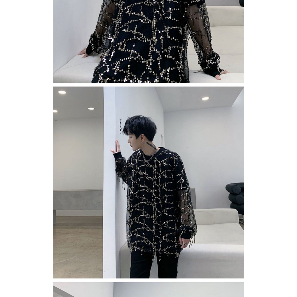 Áo Thun Nam Tay Dài Phối Lưới Mỏng Đính Kim Sa Nhìn Xuyên Thấu Phong Cách Đường Phố