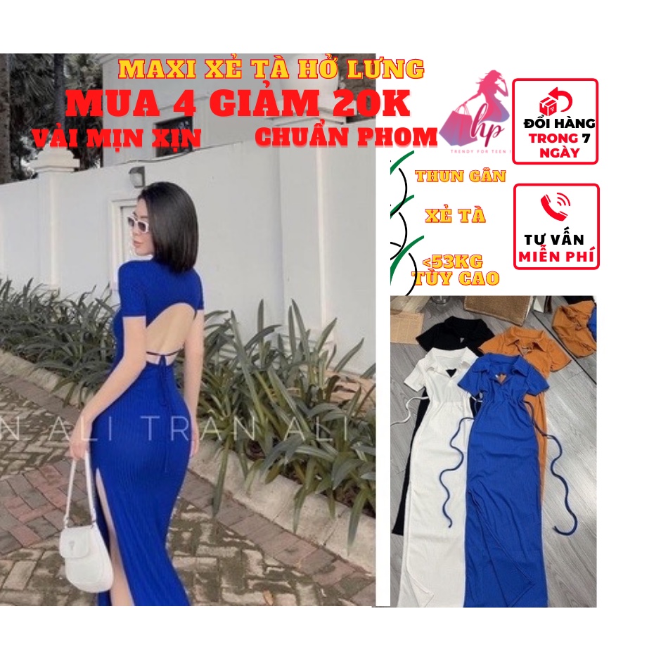 Váy đầm maxi dài nữ ôm bodycổ polo xẻ tà hở lưng đan dây tay tay ngắn thời trang dự tiệc sexy phong cách hàn | BigBuy360 - bigbuy360.vn
