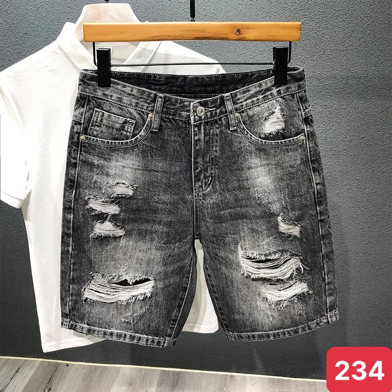 Quần đùi short jean nam màu xám đen đậm trơn rách chất bò cao cấp co dãn 4 chiều đẹp from dáng skinny chuẩn ADO48