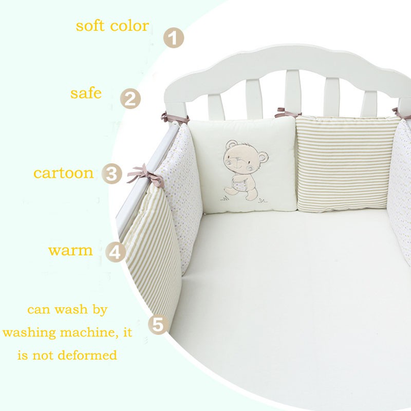 Set 6 đệm bảo vệ bằng vải cotton gắn thành giường em bé hình gấu