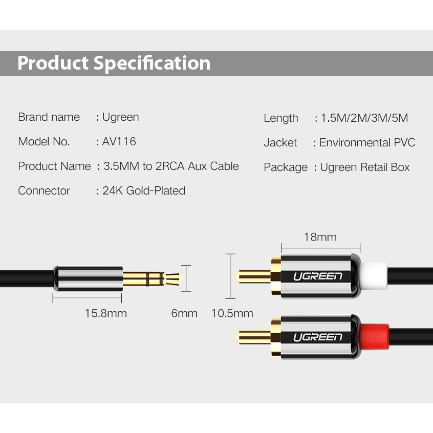 Cáp Audio Chuyển 3.5mm ra 2RCA Cao Cấp UGREEN AV116 Chính Hãng