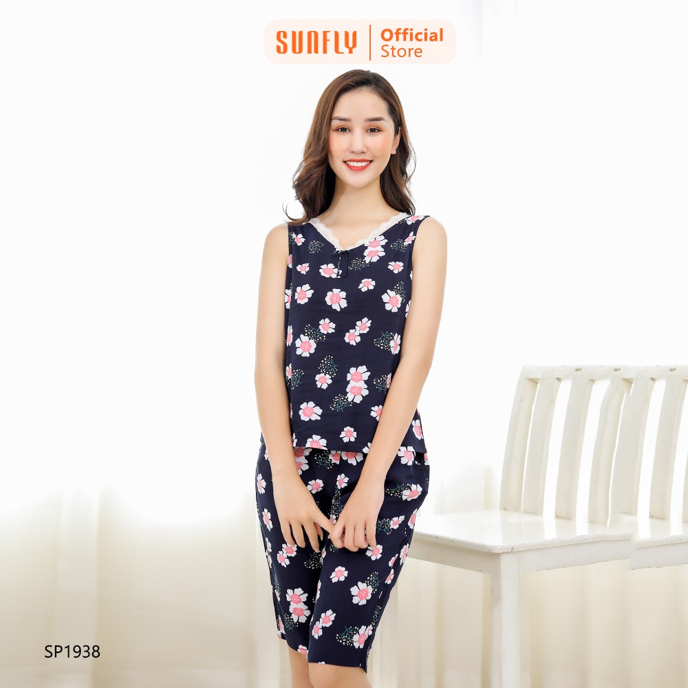 Bộ đồ nữ mặc nhà lanh SUNFLY áo sát nách, quần trên gối SP1938