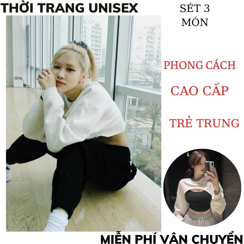 Set 3 món áo crt khoét ngực quần jogger rút gấu ulzzang/ Áo crt dài tay kèm áo 2 dây ôm body và quần ống rộng XƯỞNGMTC2