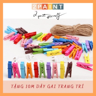 Túi 50 kẹp gỗ nhiều màu decor, Tặng 10m dây gai trang trí size 3.5mm