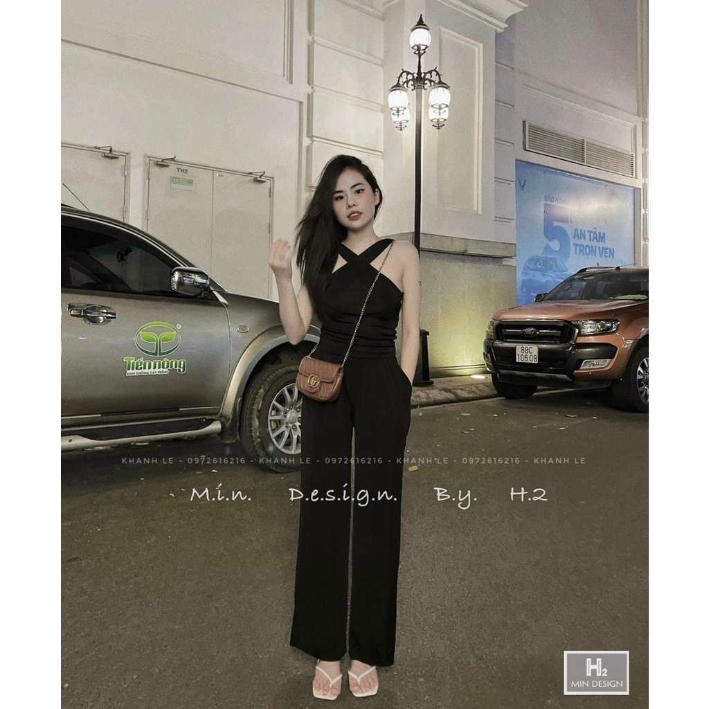 [9.9 Sales Freeship] Set bộ thun gân quần suông phối áo yếm chéo cổ, set bộ quần dài trơn màu đơn giản tôn dáng