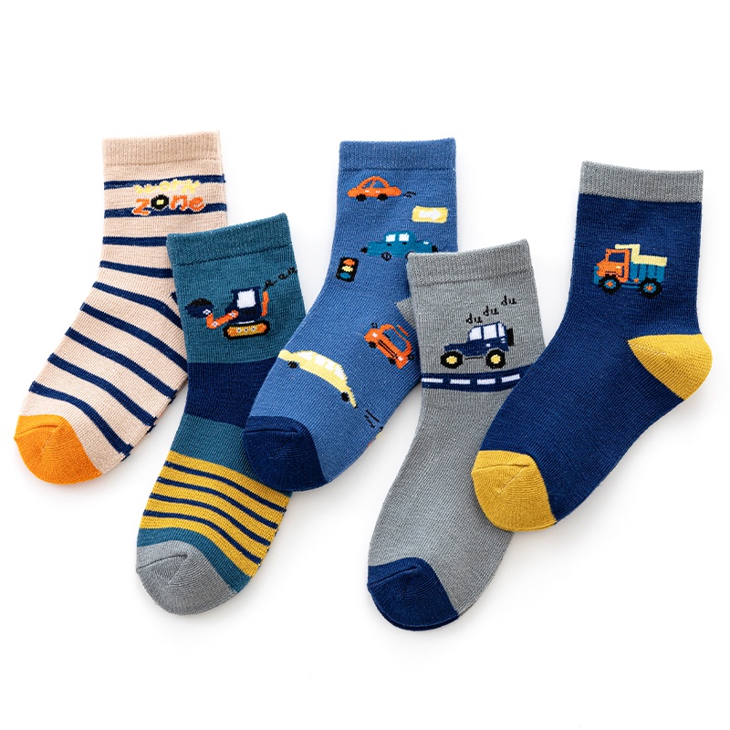 Set 5 Đôi Vớ Cotton Thoải Mái Chất Lượng Cao In Họa Tiết Xe Tải Hoạt Hình Cho Bé Trai Bé Gái 1-12 Tuổi